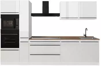 VICCO R-Line K&uuml;chenzeile 310cm, wei&szlig; hochglanz, Arbeitsplatte Goldkraft Eiche (66462)