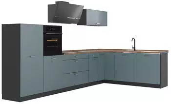 VICCO R-Line Eckk&uuml;che blau-grau/anthrazit, Arbeitsplatte Eiche, 347x143x60cm (67598)