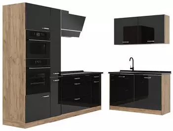 VICCO R-Line Eckk&uuml;che schwarz Hochglanz/Goldkraft Eiche 230x120cm Arbeitsplatte Anthrazit