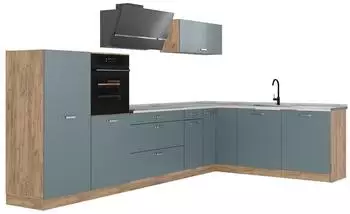 VICCO R-Line Eckk&uuml;che blau-grau/Goldkraft Eiche, Marmorarbeitsplatte, 347cm