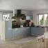 VICCO R-Line Eckküche blau-grau/Goldkraft Eiche, Marmorarbeitsplatte, 347cm