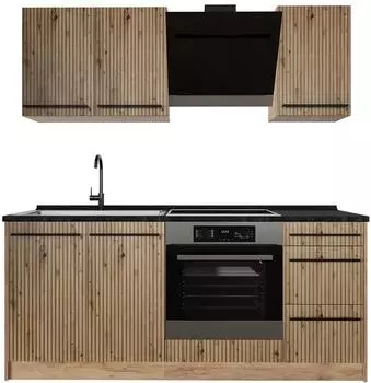 VICCO R-Line Singlek&uuml;che Artisan-Eiche/Goldkraft Eiche 180cm, Arbeitsplatte Anthrazit