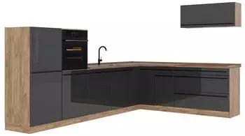 VICCO R-Line Eckk&uuml;che Anthrazit Hochglanz/Goldkraft Eiche 327x143x60cm