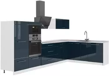 VICCO Fame-Line Eckk&uuml;che dunkelblau Hochglanz/wei&szlig; 347x207cm ohne Arbeitsplatte (63637)
