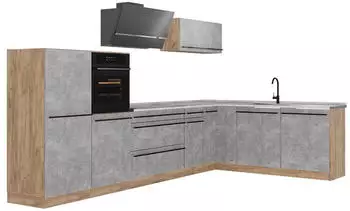 VICCO R-Line Eckk&uuml;che Beton/Goldkraft Eiche 347cm, Arbeitsplatte Marmor