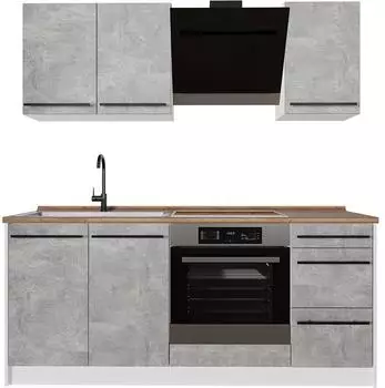 VICCO R-Line K&uuml;chenzeile Beton/Wei&szlig; 180cm, Arbeitsplatte Eiche (67050)