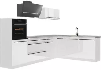 VICCO R-Line Eckk&uuml;che wei&szlig; hochglanz, Arbeitsplatte Marmor, 287cm