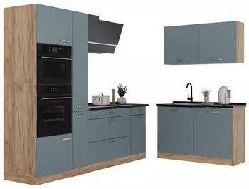 VICCO R-Line Eckk&uuml;che Blau-Grau/Goldkraft Eiche 230x120cm Arbeitsplatte Marmor