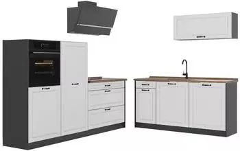 VICCO R-Line K&uuml;chenzeile wei&szlig; Landhaus/Anthrazit, 220cm, Arbeitsplatte Goldkraft Eiche