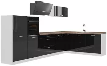 VICCO R-Line Eckk&uuml;che schwarz Hochglanz/wei&szlig;, 347cm, Arbeitsplatte Goldkraft Eiche