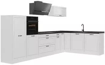 VICCO R-Line Eckk&uuml;che wei&szlig; Landhaus/wei&szlig;, Arbeitsplatte anthrazit, 347cm