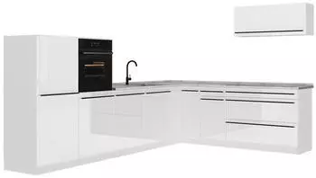 VICCO R-Line Eckk&uuml;che wei&szlig; hochglanz/wei&szlig;, Arbeitsplatte Marmor, 327x143x60cm
