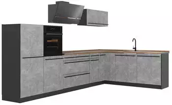 VICCO R-Line Eckk&uuml;che Beton/Anthrazit, Arbeitsplatte Goldkraft Eiche, 347x143x60cm