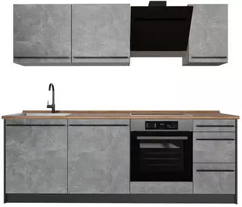VICCO R-Line K&uuml;chenzeile Beton/Anthrazit, Arbeitsplatte Goldkraft Eiche, 220cm (67066)