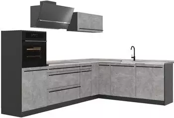 VICCO R-Line Eckk&uuml;che Beton/Anthrazit, Arbeitsplatte Marmor, 287cm