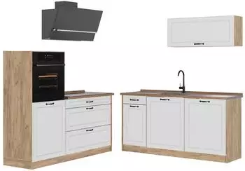 VICCO R-Line K&uuml;chenzeile wei&szlig; Landhaus/Goldkraft Eiche 160cm, MDF-Fronten