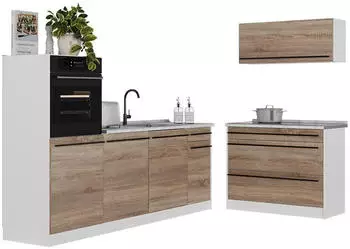 VICCO R-Line K&uuml;chenzeile 220cm, Sonoma/wei&szlig;, Arbeitsplatte Marmor (67455)