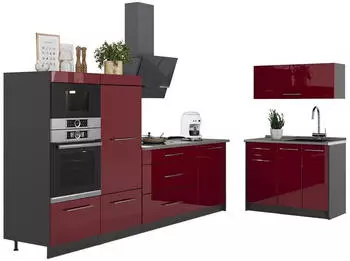 VICCO Fame-Line K&uuml;chenzeile bordeaux Hochglanz/anthrazit, 380cm, AP Eiche (64073)