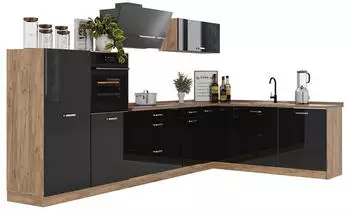 VICCO R-Line Eckk&uuml;che schwarz Hochglanz/Goldkraft Eiche, ohne Arbeitsplatte, 347cm