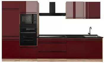 VICCO K&uuml;chenzeile R-Line, rot hochglanz/Goldkraft Eiche, 340cm, Arbeitsplatte anthrazit
