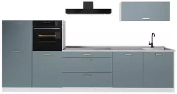 VICCO R-Line K&uuml;chenzeile blau-grau/wei&szlig; 340cm, Arbeitsplatte Marmor (67319)