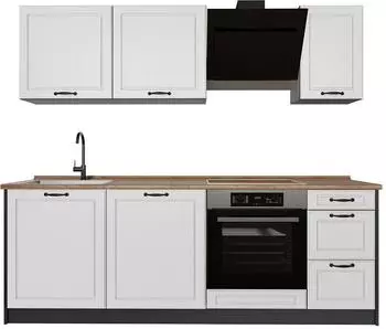 VICCO R-Line K&uuml;chenzeile wei&szlig; Landhaus/Anthrazit 220cm Eiche Arbeitsplatte