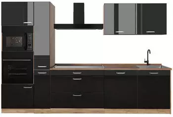 VICCO R-Line K&uuml;chenzeile schwarz Hochglanz/Goldkraft Eiche 310cm (R-Line)