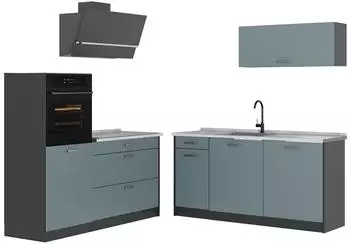 VICCO R-Line K&uuml;chenzeile 160cm blau-grau/anthrazit, Arbeitsplatte Marmor (66907)