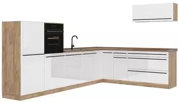 VICCO Eckk&uuml;che R-Line, wei&szlig; Hochglanz/Goldkraft Eiche, 327x143x60cm