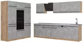 VICCO K&uuml;chenzeile R-Line, Beton/Goldkraft Eiche, 180cm, Arbeitsplatte Marmor