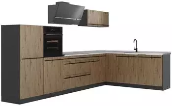 VICCO R-Line Eckk&uuml;che Artisan-Eiche/Anthrazit 347cm, Arbeitsplatte Marmor