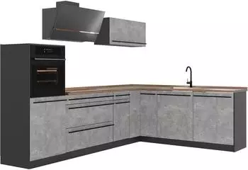 VICCO R-Line Eckk&uuml;che Beton/Anthrazit, Arbeitsplatte Eiche, 287cm