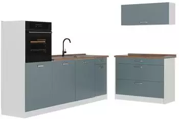 VICCO R-Line K&uuml;chenzeile blau-grau/wei&szlig; 220cm, Arbeitsplatte Goldkraft Eiche