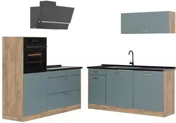 VICCO R-Line K&uuml;chenzeile blau-grau/Goldkraft Eiche 160cm Arbeitsplatte Anthrazit (41418)
