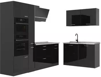 VICCO Eckk&uuml;che R-Line schwarz Hochglanz/Anthrazit 230x120cm Marmor-Arbeitsplatte (R-Line)