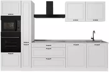 VICCO R-Line K&uuml;chenzeile Wei&szlig; Landhaus/Wei&szlig; 310cm, Arbeitsplatte Marmor, MDF-Fronten