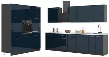 VICCO Fame-Line K&uuml;chenzeile dunkelblau Hochglanz/anthrazit 460cm, AP Eiche (63767)