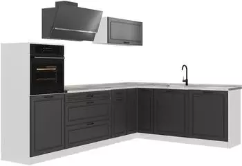 VICCO R-Line Eckk&uuml;che Anthrazit Landhaus/Wei&szlig;, Arbeitsplatte Marmor, 287cm
