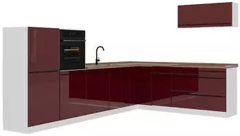 VICCO R-Line Eckk&uuml;che rot Hochglanz/wei&szlig;, Arbeitsplatte Eiche (41311)