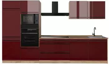 VICCO K&uuml;chenzeile R-Line, rot hochglanz/Goldkraft Eiche, 340cm, ohne Arbeitsplatte