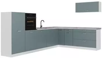 VICCO R-Line Eckk&uuml;che blau-grau/wei&szlig;, Marmorarbeitsplatte, 327cm