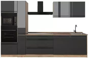 VICCO R-Line K&uuml;chenzeile Anthrazit Hochglanz/Goldkraft Eiche 310cm ohne Arbeitsplatte