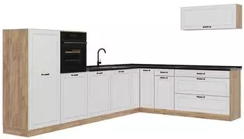 VICCO R-Line Eckk&uuml;che wei&szlig; Landhaus/Goldkraft Eiche, 327x143cm, ohne Arbeitsplatte