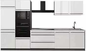 VICCO K&uuml;chenzeile R-Line wei&szlig; Hochglanz/Anthrazit, Arbeitsplatte Marmor, 340cm