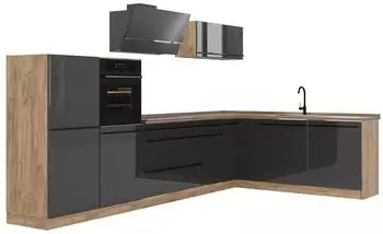 VICCO R-Line Eckk&uuml;che Anthrazit Hochglanz/Goldkraft Eiche 347x143x60cm