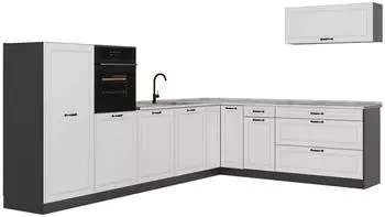 VICCO R-Line Eckk&uuml;che wei&szlig; Landhaus/Anthrazit, Marmorarbeitsplatte, 327x143x60cm