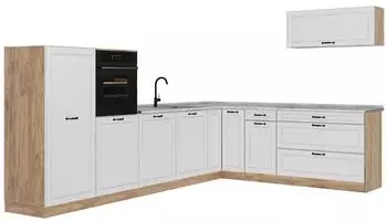 VICCO R-Line Eckk&uuml;che wei&szlig; Landhaus/Goldkraft Eiche, Arbeitsplatte Marmor, 327x143x60cm