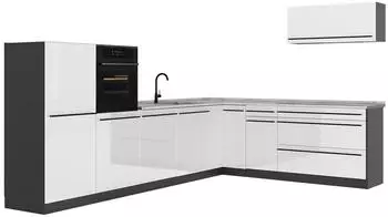 VICCO R-Line Eckk&uuml;che wei&szlig; hochglanz/anthrazit, Arbeitsplatte Marmor, 327x143x60cm