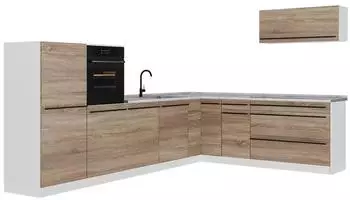 VICCO R-Line Eckk&uuml;che Sonoma/wei&szlig;, Marmorarbeitsplatte, 327x143x60cm