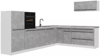 VICCO R-Line Eckk&uuml;che Beton/wei&szlig;, Marmorarbeitsplatte, 327x143x60cm